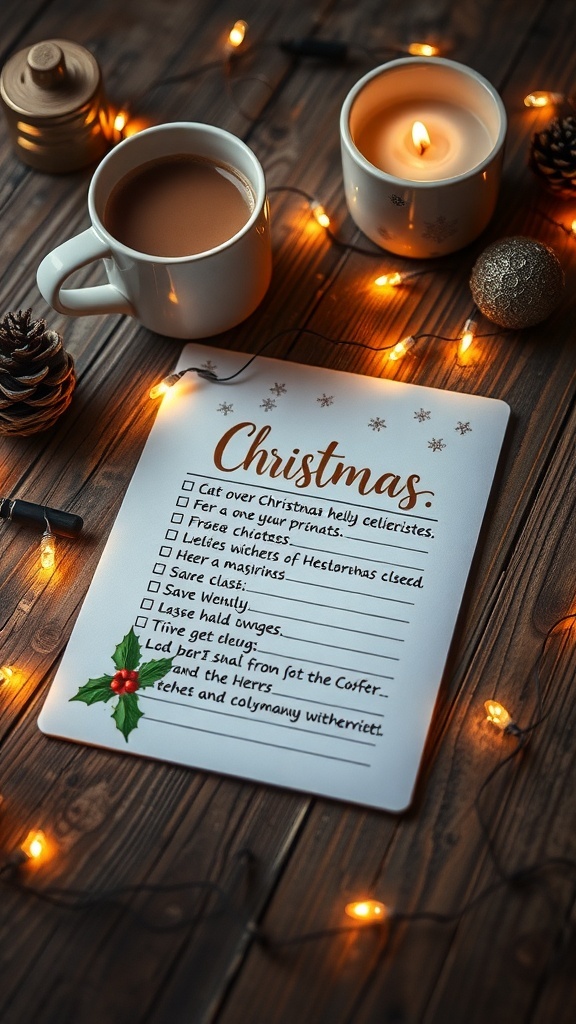 A handwritten Christmas wishlist on festive paper with holiday decorations, surrounded by lights and cocoa.
